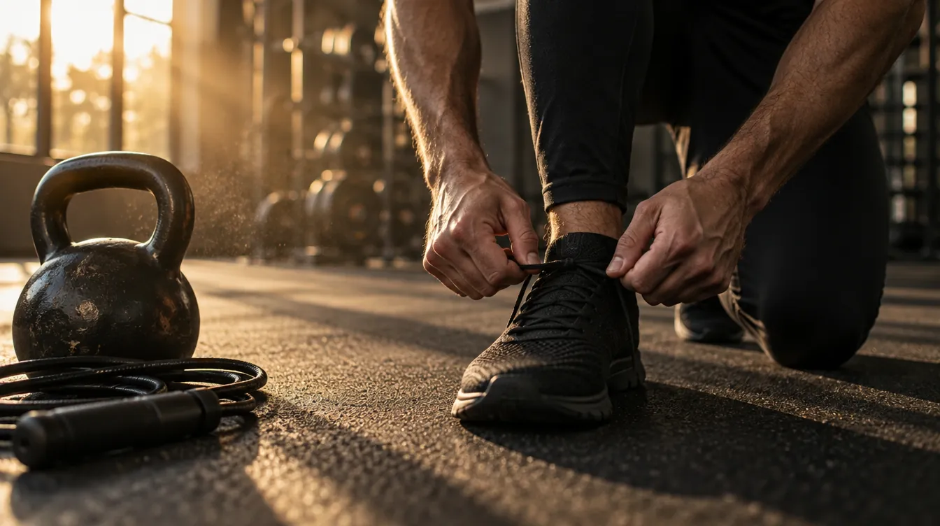 Hände schnüren Trainingsschuhe im Gym, daneben Kettlebell und Springseil